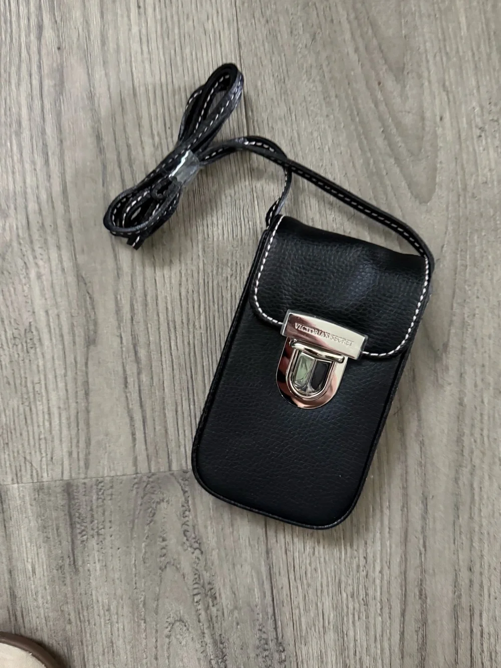 Victoria's Secret Black Leather Crossbody Phone Pouch with Silver Hardware